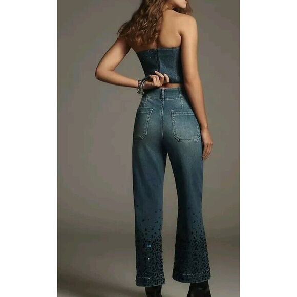 Anthropologie Colette Cropped High-Rise Wide-Leg Jeans: Sequin Sparkle, 23 TALL - Picture 8 of 11